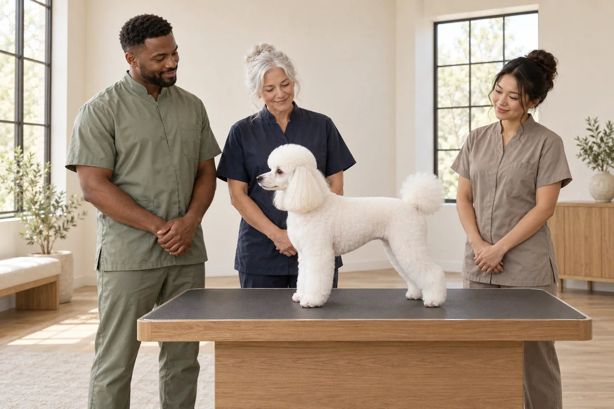 Three professional groomers assessing the relaxed natural outline of a poodle together