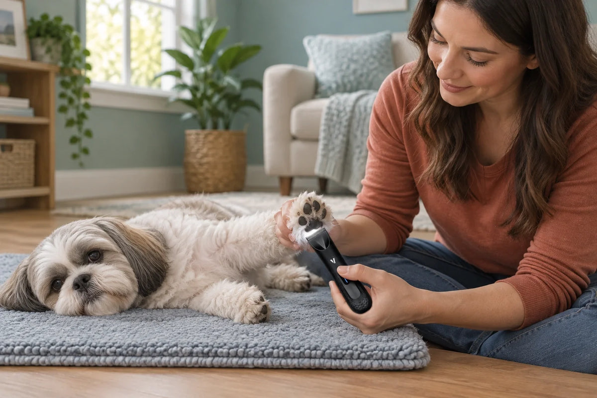 A pet parent supports the underside of a resting dog's paw, with the VUNRO PawTrim Pro held below and its front LED lighting the pads.