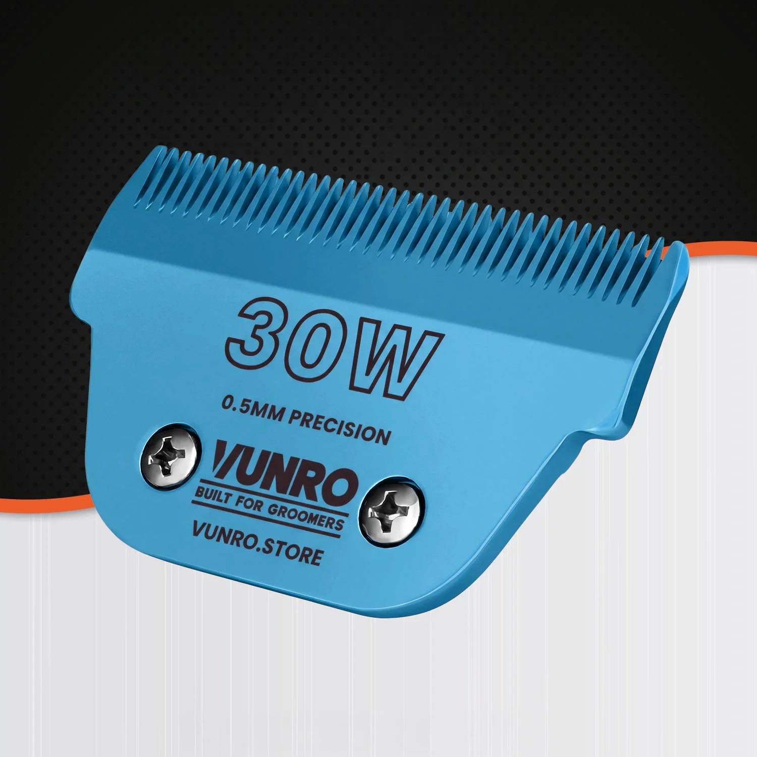 VUNRO 30W Wide Blue Steel dog clipper blade front left view